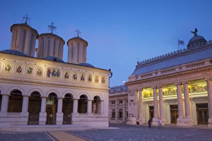 Patriarchal Palace and Patriarchal Cathedral at dusk, Bucharest, Romania