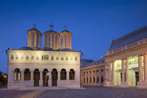 Bucharest Prints: Patriarchal Palace and Patriarchal Cathedral at dusk, Bucharest, Romania