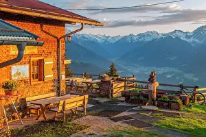 Hiking Route Prints: Patscher Alm alpine hut at golden hour with the Stubai valley and the Stubai glacier