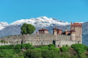 Grinzane Prints: Pavone Caslte with prealps mountain (Cima Bonze) on background, Piedmont, Canavese, Italy