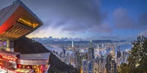 Images Dated 1st July 2020: Peak Tower and skyline at dusk, Hong Kong