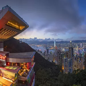 Images Dated 1st July 2020: Peak Tower and skyline at dusk, Hong Kong