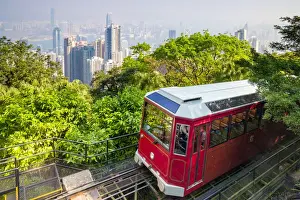 Railway Track Prints: The Peak Tramway arriving at the upper terminus at Peak Tower Station, Victoria Peak