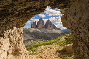 Images Dated 12th September 2017: Three peaks of Lavaredo views from a cave, Bolzano Province, Trentino Alto Adige, Italy