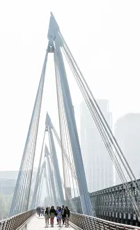 Pedestrian Bridge Prints: One of two pedestrian Golden Jubilee Bridges (Hungerford Footbridges) over the River Thames