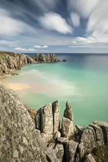 Images Dated 25th November 2021: Pedn Vounder Beach and Logan Rock, Porthcurno, Cornwall, England, UK