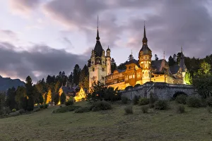 Romania Prints: Peles Castle at sunset, Sinaia Village, Prahova, district, Muntenia, Romania