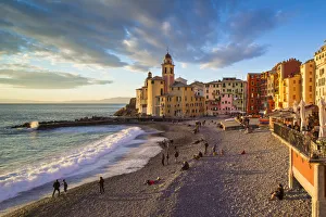 People on the beach and seafront. Camogli, Liguria, Italy