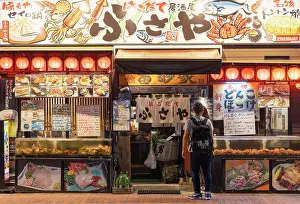 Hokkaido Prints: People outside seafood restaurant, Hakodate, Hokkaido, Japan