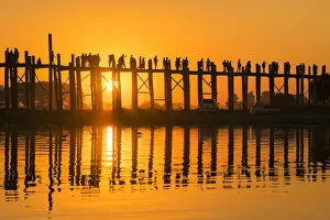 Images Dated 7th September 2020: People on U Bein bridge over Taungthaman Lake at sunset, Amarapura, Amarapura Township