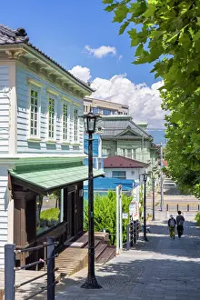 Hokkaido Prints: People walking down Motoi Zaka Street, Motomachi, Hakodate, Hokkaido, Japan