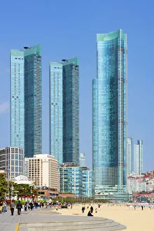 High Rise Prints: People walking along promenade of Haeundae Beach, Busan, South Korea