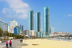 Busan Prints: People walking along promenade of Haeundae Beach, Busan, South Korea