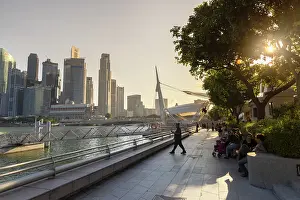 Singaporean Prints: People on waterfront and skyscrapers of Central Business District, Singapore