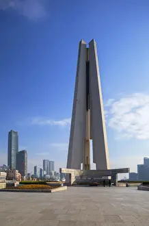 War Memorial Prints: Peoples Heroes Memorial Tower and buildings along Huangpu River, Shanghai, China