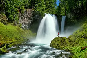 Temperate Rain Forest Prints: Person Looking at Sahalie Falls, Willamette National Forest, Oregon, USA