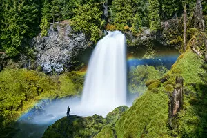 Person Standing in Front of Sahalie Falls with Rainbow, Willamette National Forest