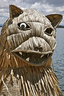 Peru, The prow of a large reed boat used to take tourists to the unique floating islands of Uros on Lake