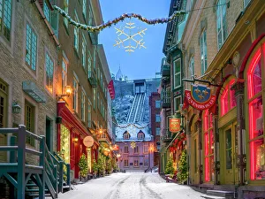 City Walls Prints: Petit Champlain with Snow and Illuminated, Old Quebec City, Quebec, Canada