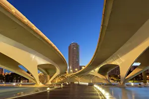 PFloodlit road bridges, Ciudad de los artes y ciencias (City of Arts and Sciences), Valencia, Spain