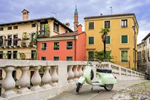 San Michele Prints: Piaggio Vespa scooter parked in the old town, Vicenza, Veneto, Italy