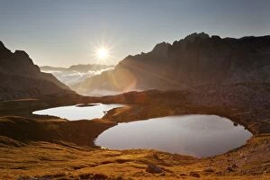 Piani lakes, Sexten Dolomites natural park, Veneto, Italy. Sunrise on the Piani lakes