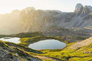 Sexten Prints: Piani Lakes at sunrise in summer. Sesto Dolomites, Trentino Alto Adige, Italy