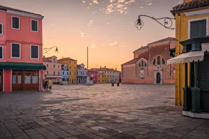 Venezia Prints: Piazza Baldassarre Galuppi at dawn, Burano, Venice, Veneto, Italy