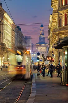 City Center Prints: Piazza Cordusio with Sforza's Castle in the background, Milan, Lombardy, Italy