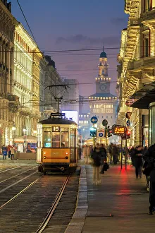Streetcar Prints: Piazza Cordusio with Sforza's Castle in the background, Milan, Lombardy, Italy