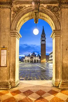 Marks Square Prints: Piazza San Marco with St. Marks Campanile and Basilica at sunrise, Venice, Veneto, Italy
