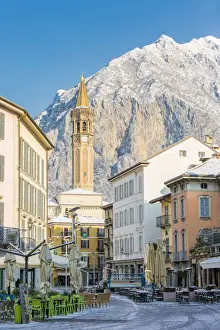 Tables Prints: Piazza XX settembre and the iconic bell tower of Lecco with San Martino mount in
