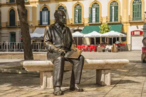 Bench Prints: Picasso statue on Plaza de la Merced, Malaga, Costa del Sol, Andalusia, Spain