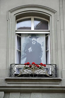 Picture of Albert Einstein in a window in Bern, Switzerland, Europe