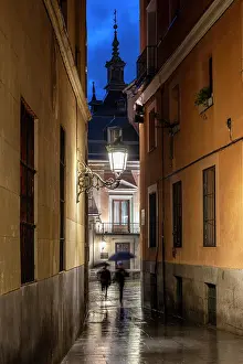 Alleyway Prints: Picturesque alleyway in the old town by night, Madrid, Spain