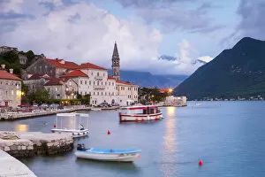 Images Dated 26th August 2014: The picturesque coastal village of Perast illuminated at dusk, Perast, Bay of Kotorska