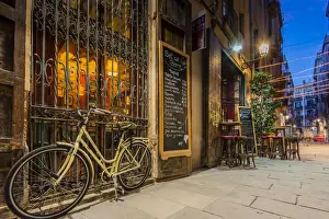 No People Prints: Picturesque night corner of Born neighborhood with tapas bar, Barcelona, Catalonia, Spain
