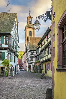 Half Timbered Prints: Picturesque street with traditional half-timbered houses