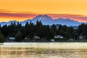 Picturesque sunset view over the Olympic Peninsula mountains, Bremerton, Kitsap Peninsula