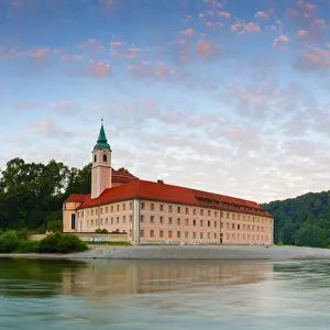 Danube River Prints: The picturesque Weltenburg Abbey & The River Danube illuminated at sunrise, Lower Bavaria