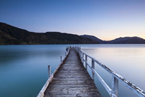 South Pacific Gallery: Picturesque wharf illuminated at dusk, Kenepuru Sound, Marlborough Sounds, South Island