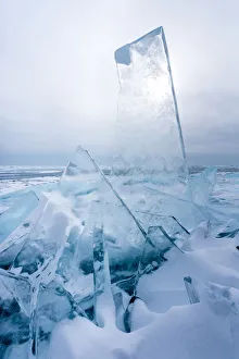 Pieces of ice with sun reflection at lake Baikal, Irkutsk region, Siberia, Russia