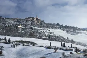 Burian Prints: Pienza and the Orcia valley covered in snow right after the Burian blizzard