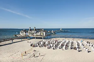 Beach Chair Prints: Pier, beach and beach baskets, Sellin, Rügen Island, Mecklenburg-Western