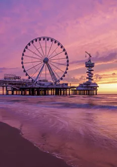 Pier and Ferris Wheel in Scheveningen, sunset, The Hague, South Holland, The Netherlands