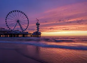 Pier and Ferris Wheel in Scheveningen, sunset, The Hague, South Holland, The Netherlands
