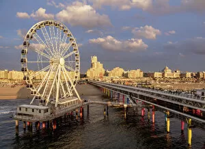 Pier and Ferris Wheel in Scheveningen at sunset, elevated view, The Hague, South Holland