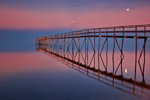 Prairie Province Prints: Pier on Lake Winnipeg at dusk with moon. Matlock, Manitoba, Canada