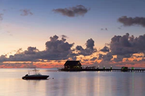 Images Dated 11th May 2016: Pier at Olhuveli Beach and Spa Resort at sunset, South Male Atoll, Kaafu Atoll, Maldives