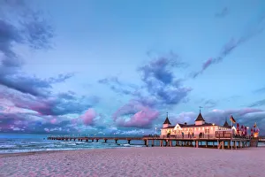Pier at sunset, Ahlbeck, Usedom island, Mecklenburg-Western Pomerania, Germany